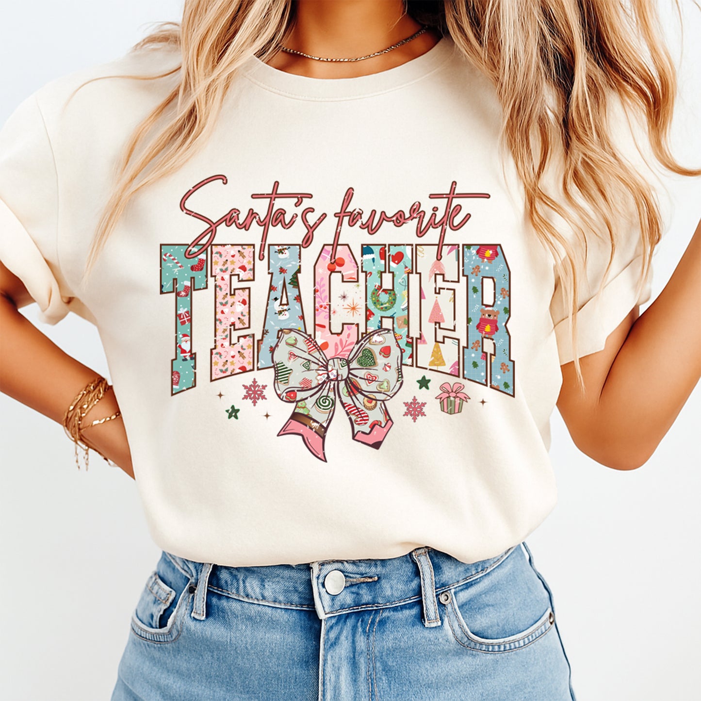 Christmas DTF Transfer – Santa’s Favorite Teacher Festive Letters with Holiday Bow Ready to Press Iron On Heat Transfer for DIY Shirts 11678