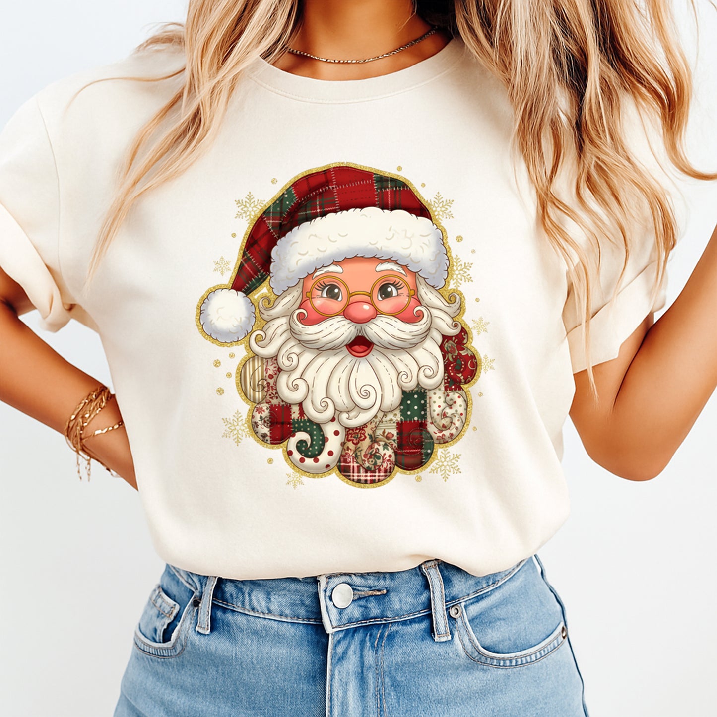 Christmas DTF Transfer – Plaid Hat Santa with Patchwork Ornaments Ready to Press Iron On Heat Transfer for DIY Shirts 11681