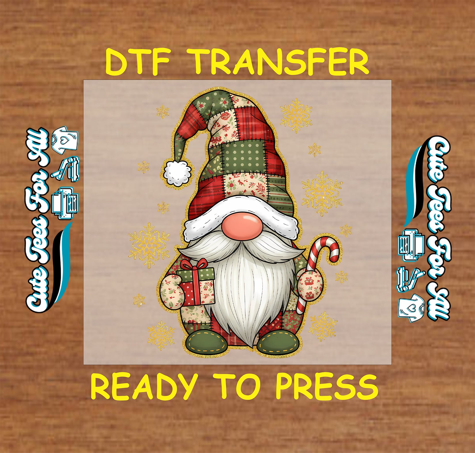 Christmas gnome with patchwork hat holding candy cane and gift, ready to press DTF iron on heat transfer for DIY shirts
