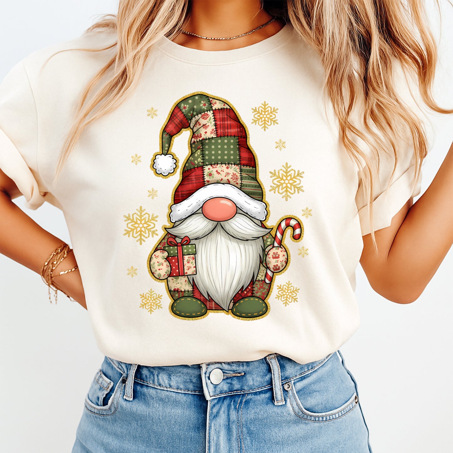Christmas DTF Transfer – Patchwork Gnome with Gift and Candy Cane Ready to Press Iron On Heat Transfer for DIY Shirts 11682