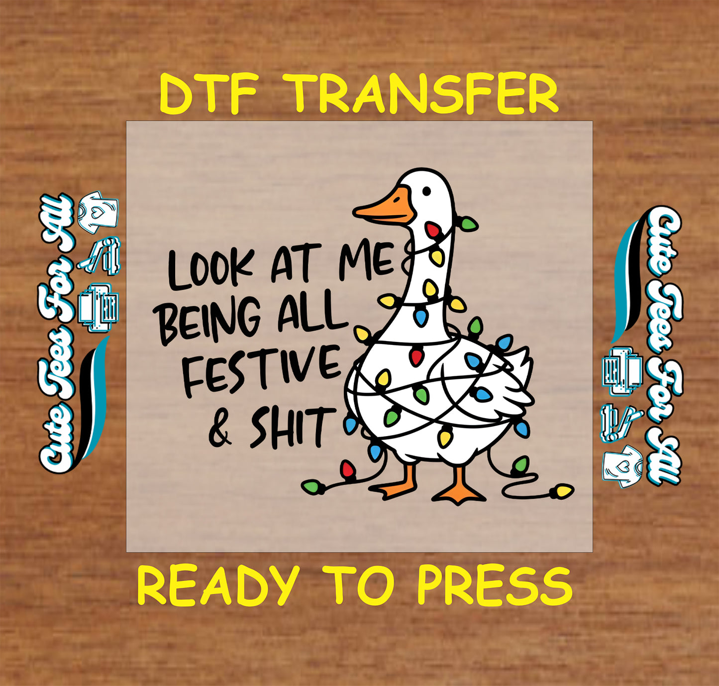 Funny goose wrapped in Christmas lights with quote look at me being all festive ready to press DTF iron on heat transfer for DIY shirts