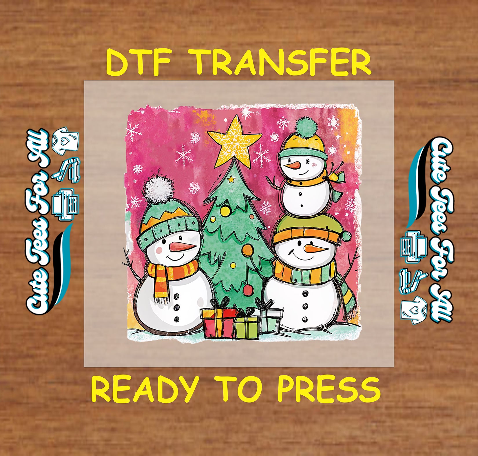 snowman family with christmas tree and gifts ready to press dtf iron on heat transfer for diy shirts