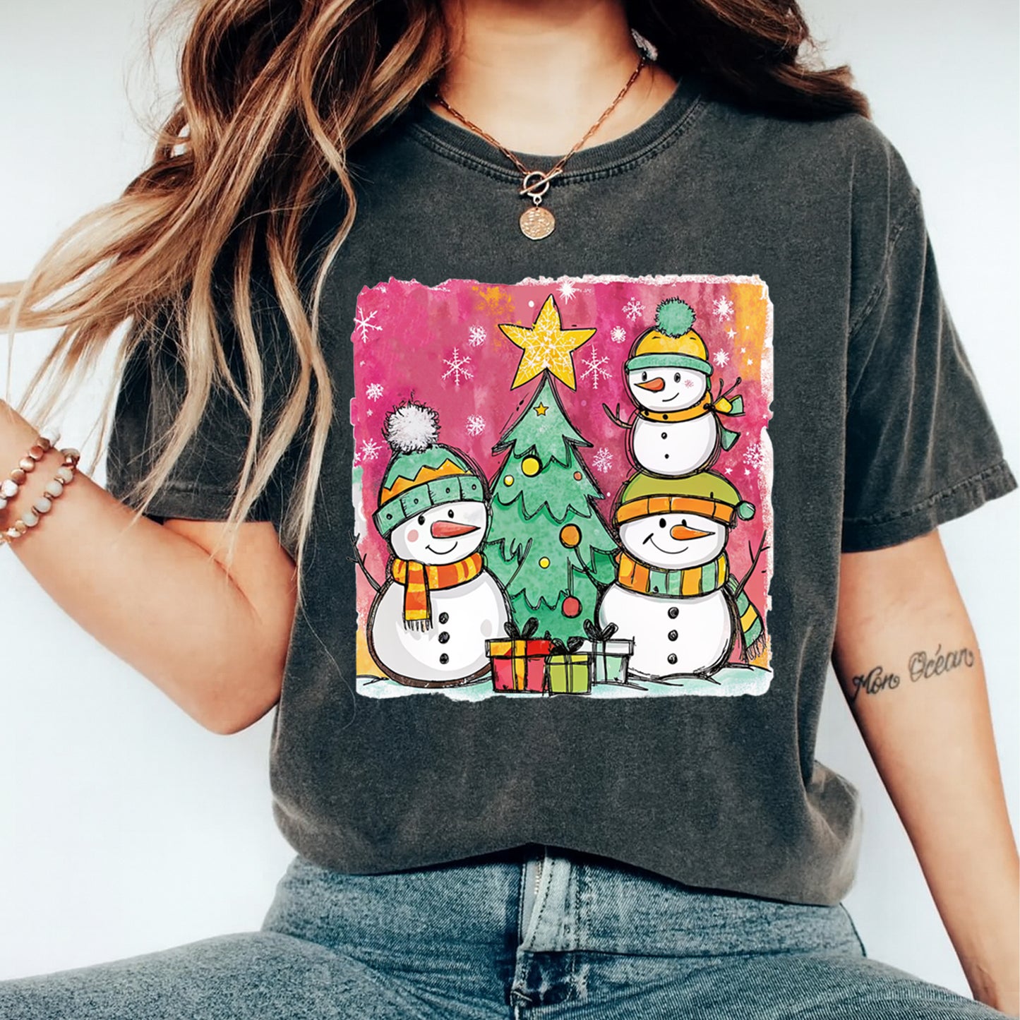 Christmas DTF Transfer – Snowman Family with Christmas Tree Ready to Press Iron On Heat Transfer for DIY Shirts 11684