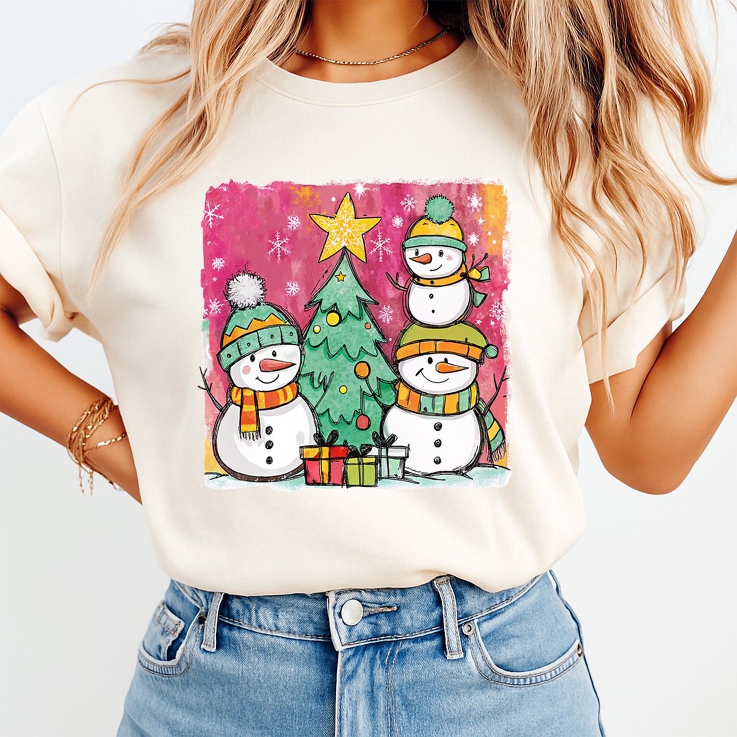 Christmas DTF Transfer – Snowman Family with Christmas Tree Ready to Press Iron On Heat Transfer for DIY Shirts 11684