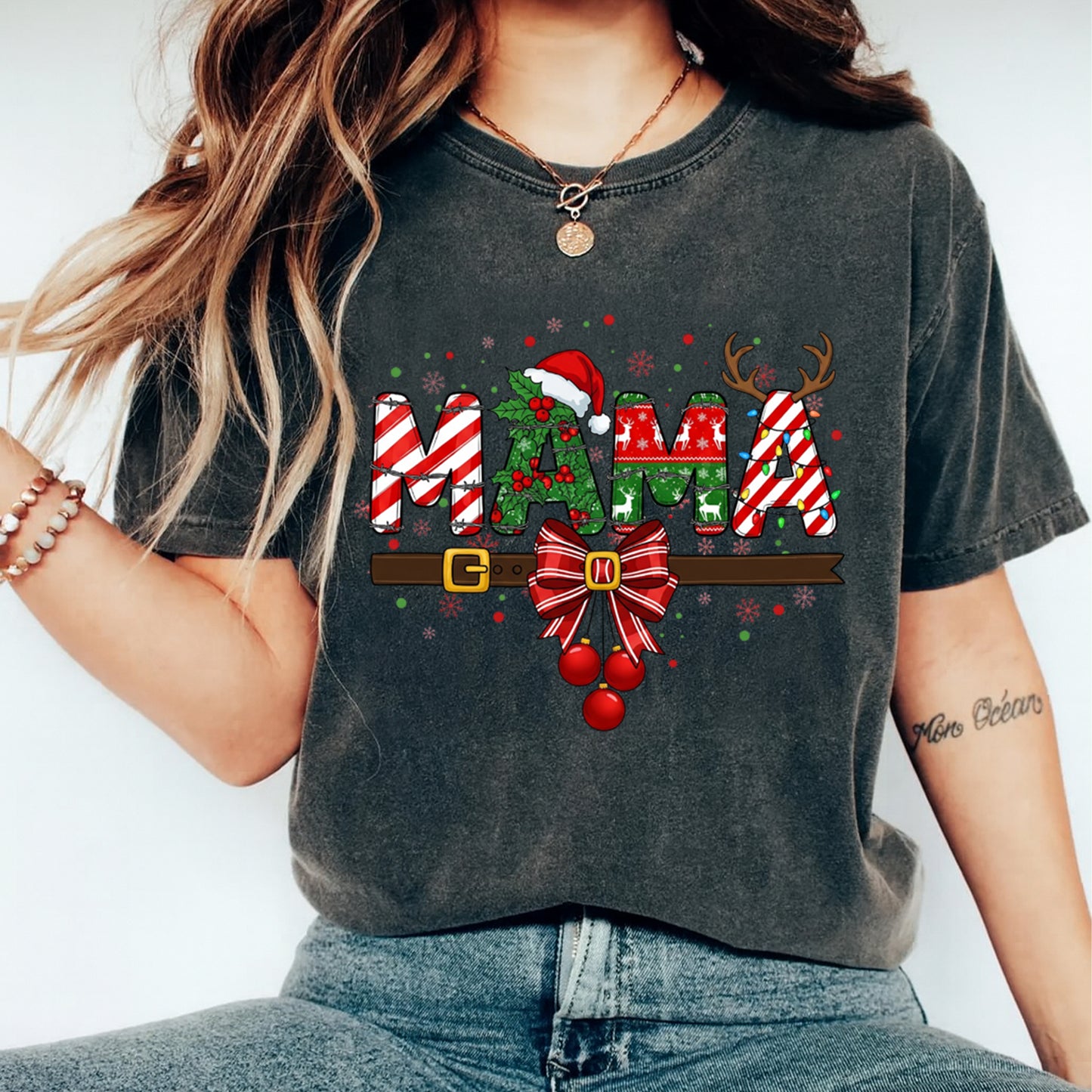 Christmas DTF Transfer – Festive “MAMA” with Santa Hat Bow and Reindeer Ready to Press Iron On Heat Transfer for DIY Shirts 11686