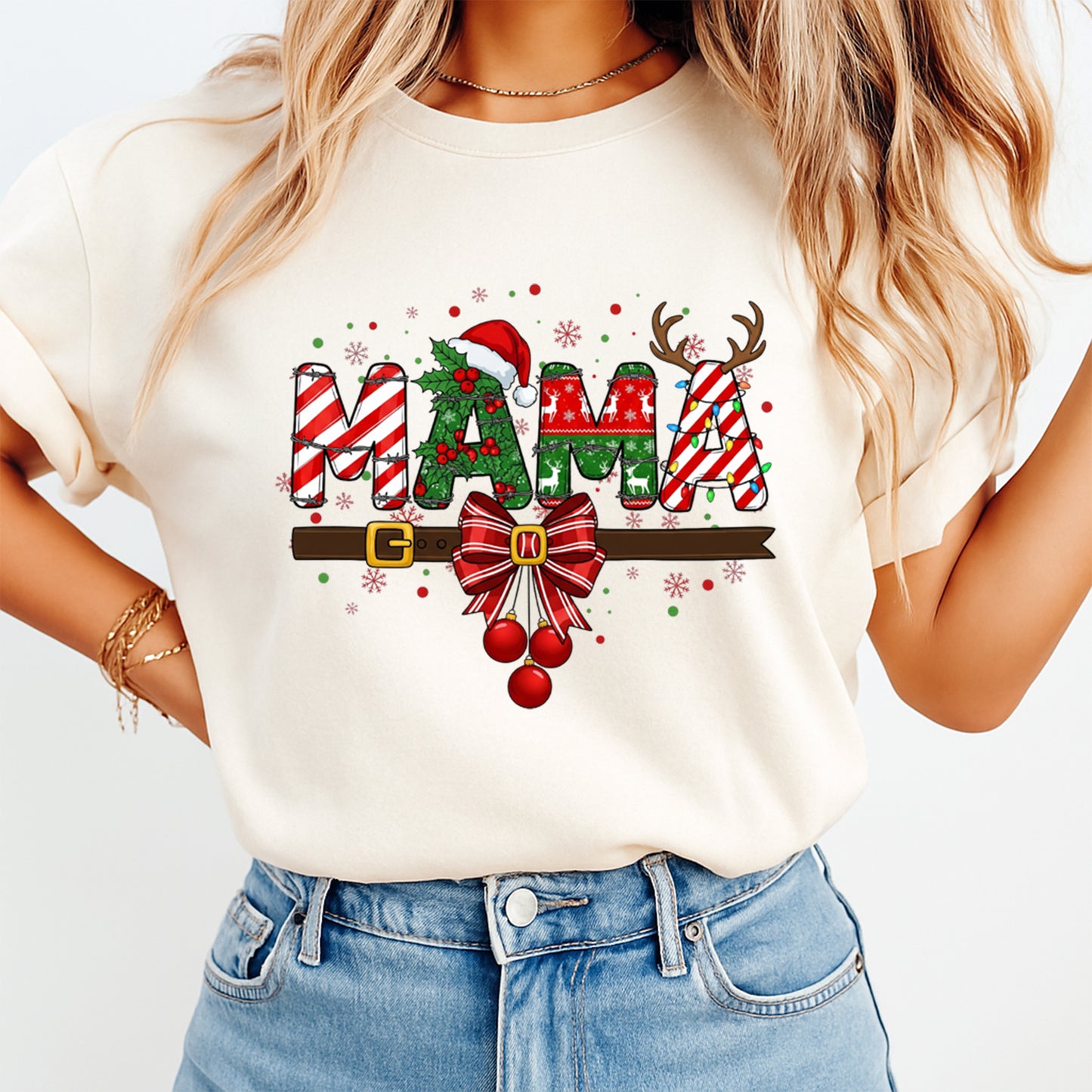 Christmas DTF Transfer – Festive “MAMA” with Santa Hat Bow and Reindeer Ready to Press Iron On Heat Transfer for DIY Shirts 11686