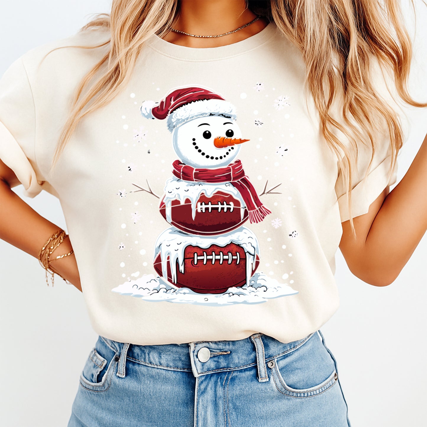 Christmas DTF Transfer – Football Snowman with Santa Hat Ready to Press Iron On Heat Transfer for DIY Shirts 11688