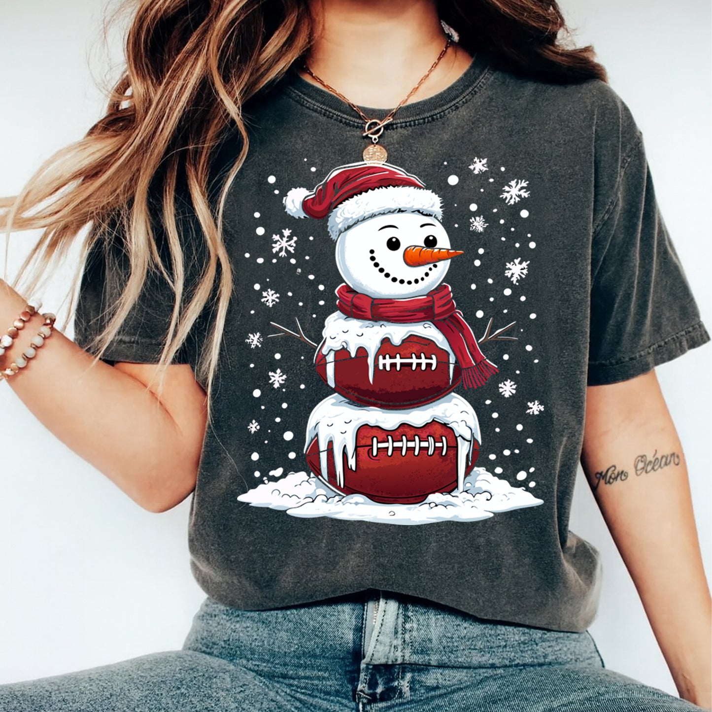 Christmas DTF Transfer – Football Snowman with Santa Hat Ready to Press Iron On Heat Transfer for DIY Shirts 11688