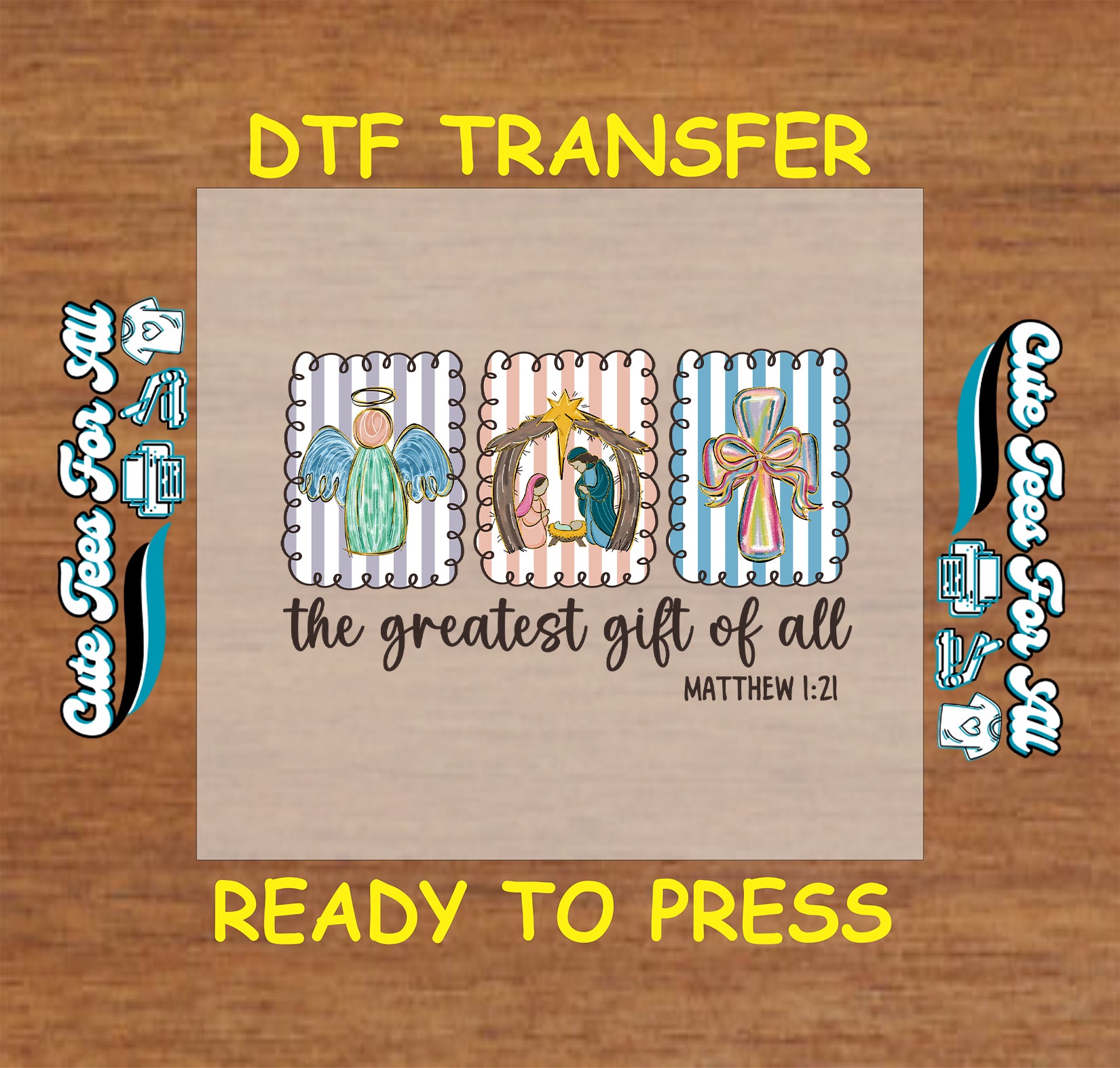 the greatest gift of all christmas dtf transfer with nativity angel and bow ready to press iron on heat transfer for diy shirts