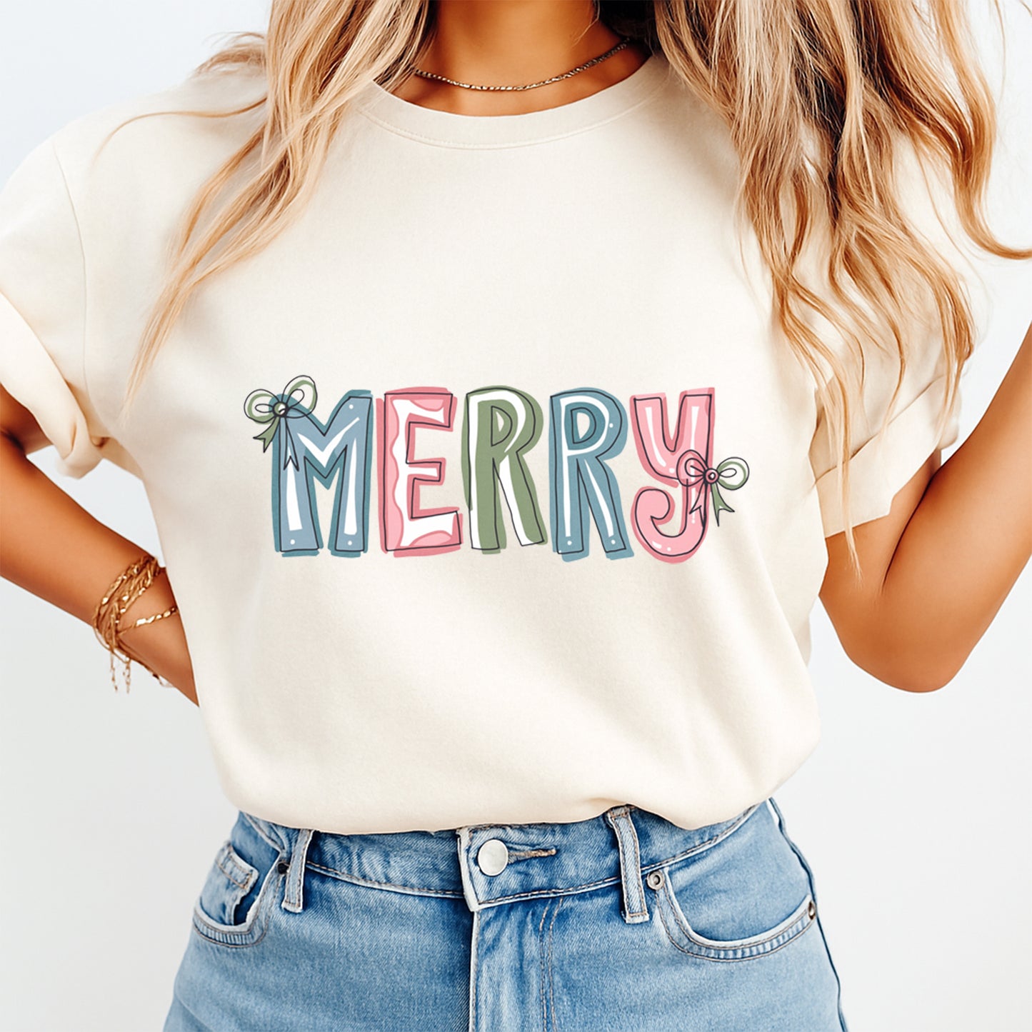 Christmas DTF Transfer – MERRY Letters with Bows Ready to Press Iron On Heat Transfer for DIY Shirts 11693
