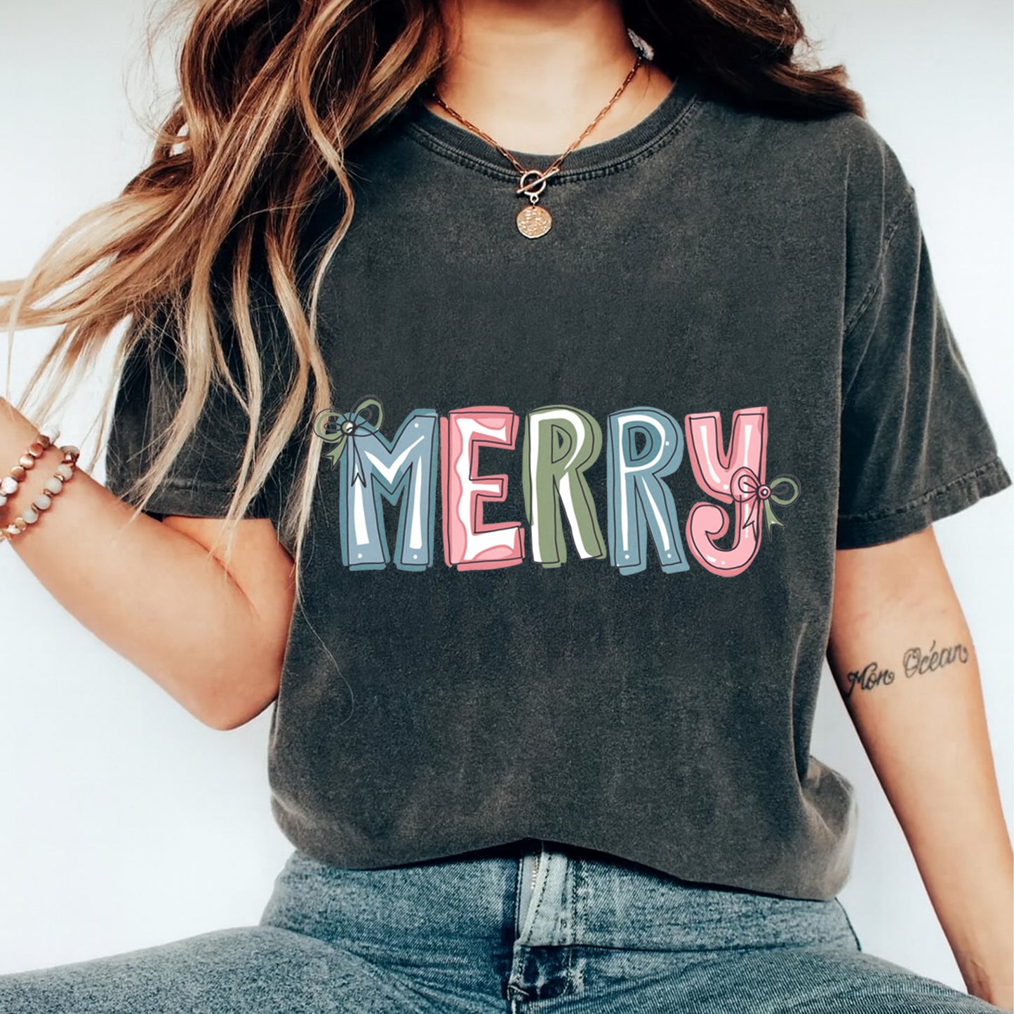 Christmas DTF Transfer – MERRY Letters with Bows Ready to Press Iron On Heat Transfer for DIY Shirts 11693
