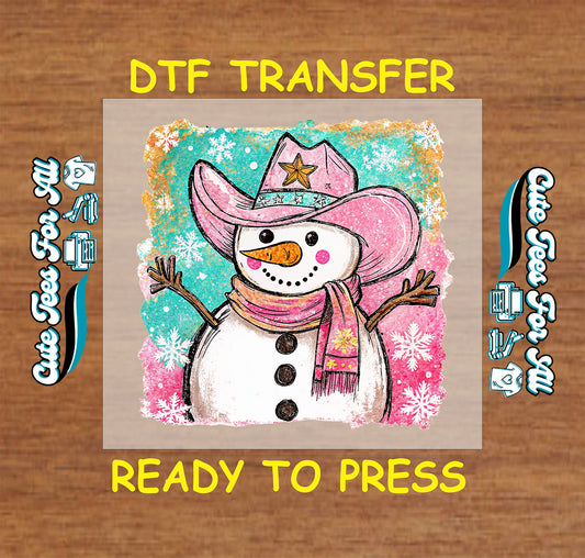 cowgirl snowman dtf transfer with pink hat scarf and snowflakes ready to press iron on heat transfer for diy shirts