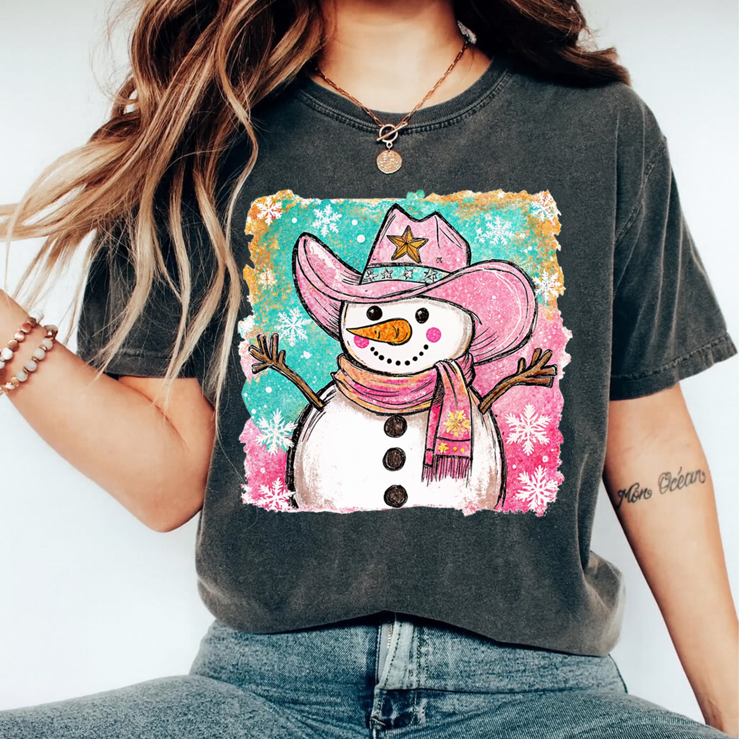 Christmas DTF Transfer – Cowgirl Snowman with Pink Hat and Scarf Ready to Press Iron On Heat Transfer for DIY Shirts 11695