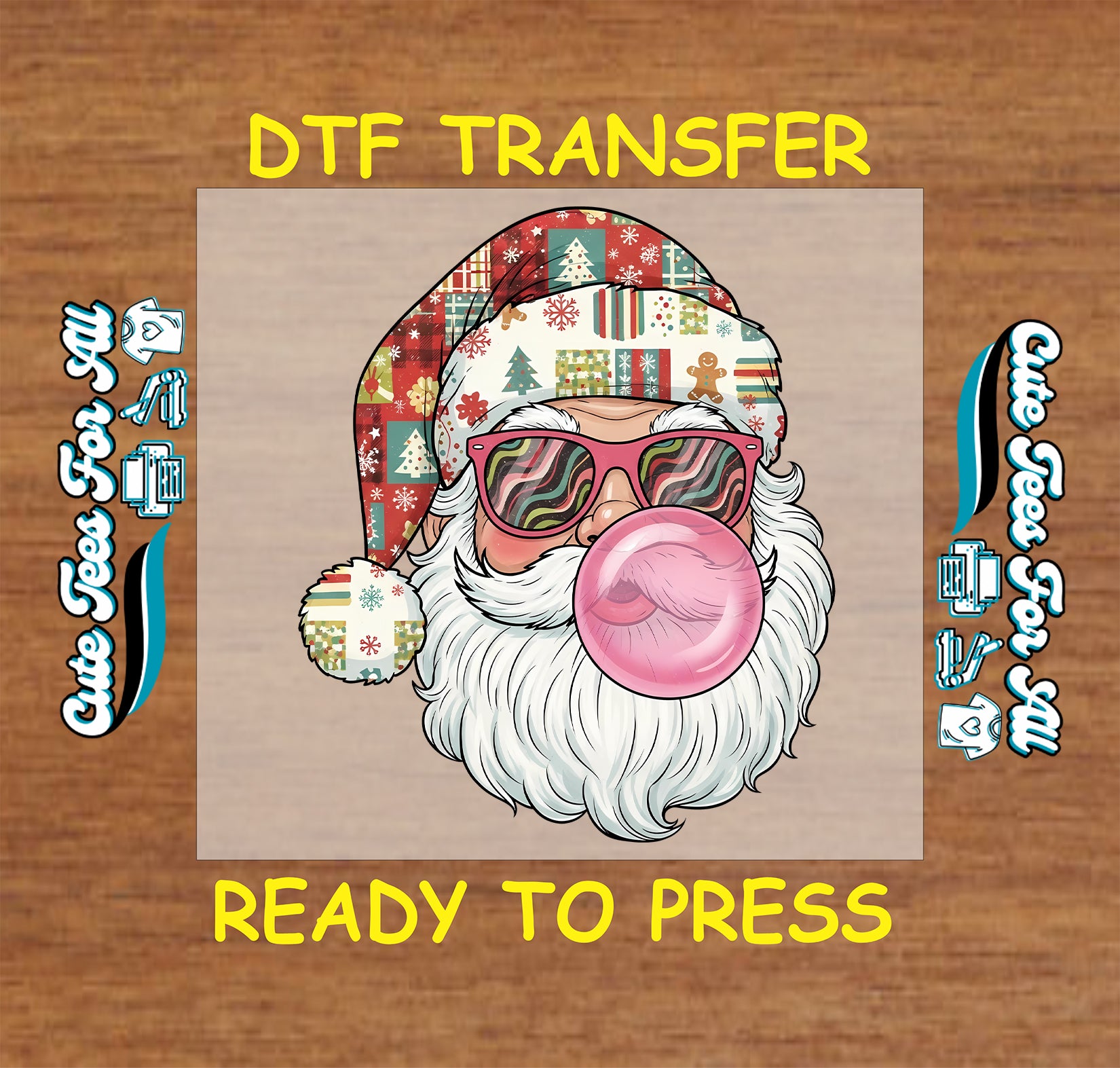 retro santa with patchwork hat sunglasses and bubblegum ready to press dtf iron on heat transfer for diy shirts
