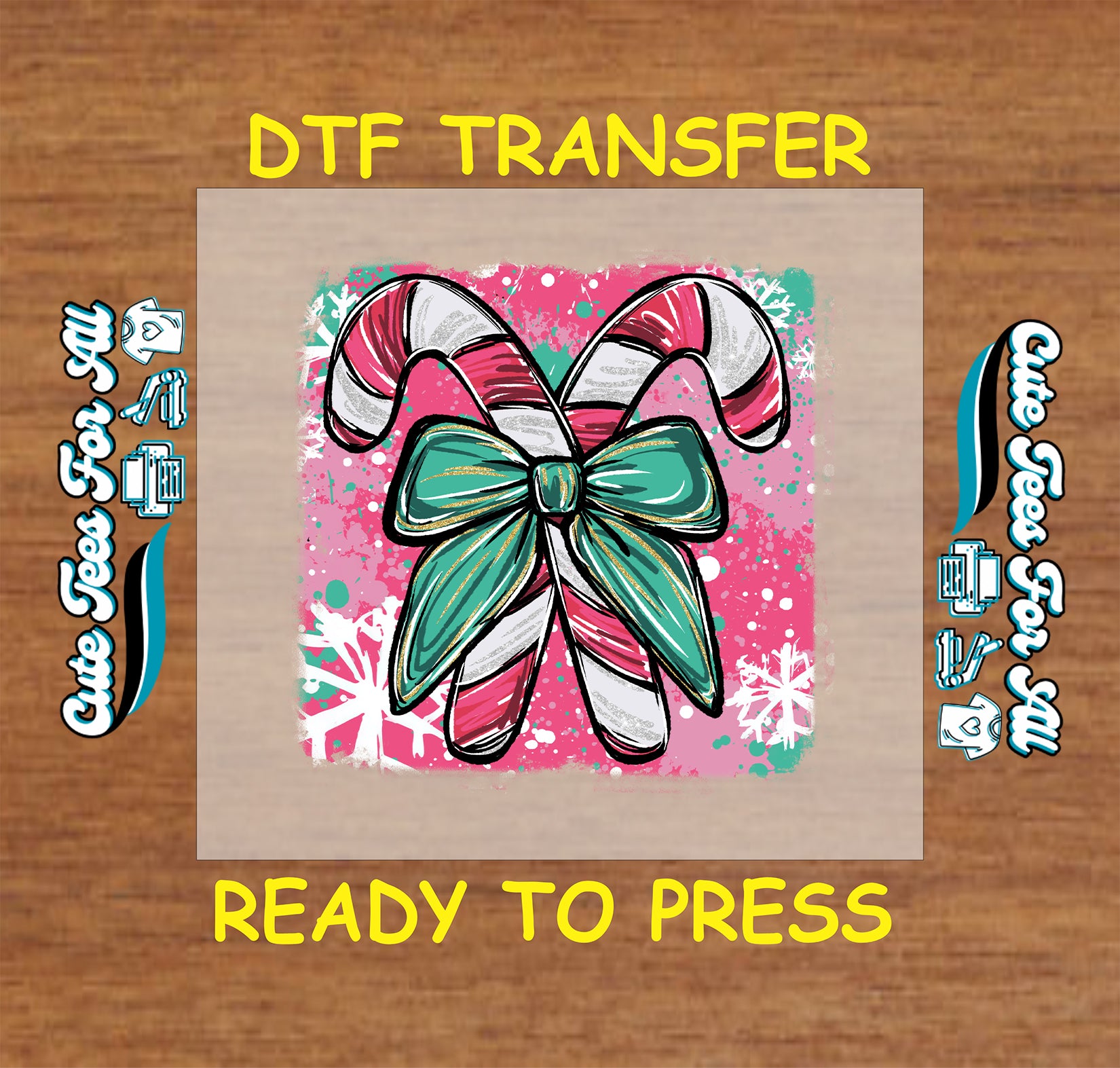 candy canes with teal bow pink background snowflakes ready to press dtf iron on heat transfer for diy shirts