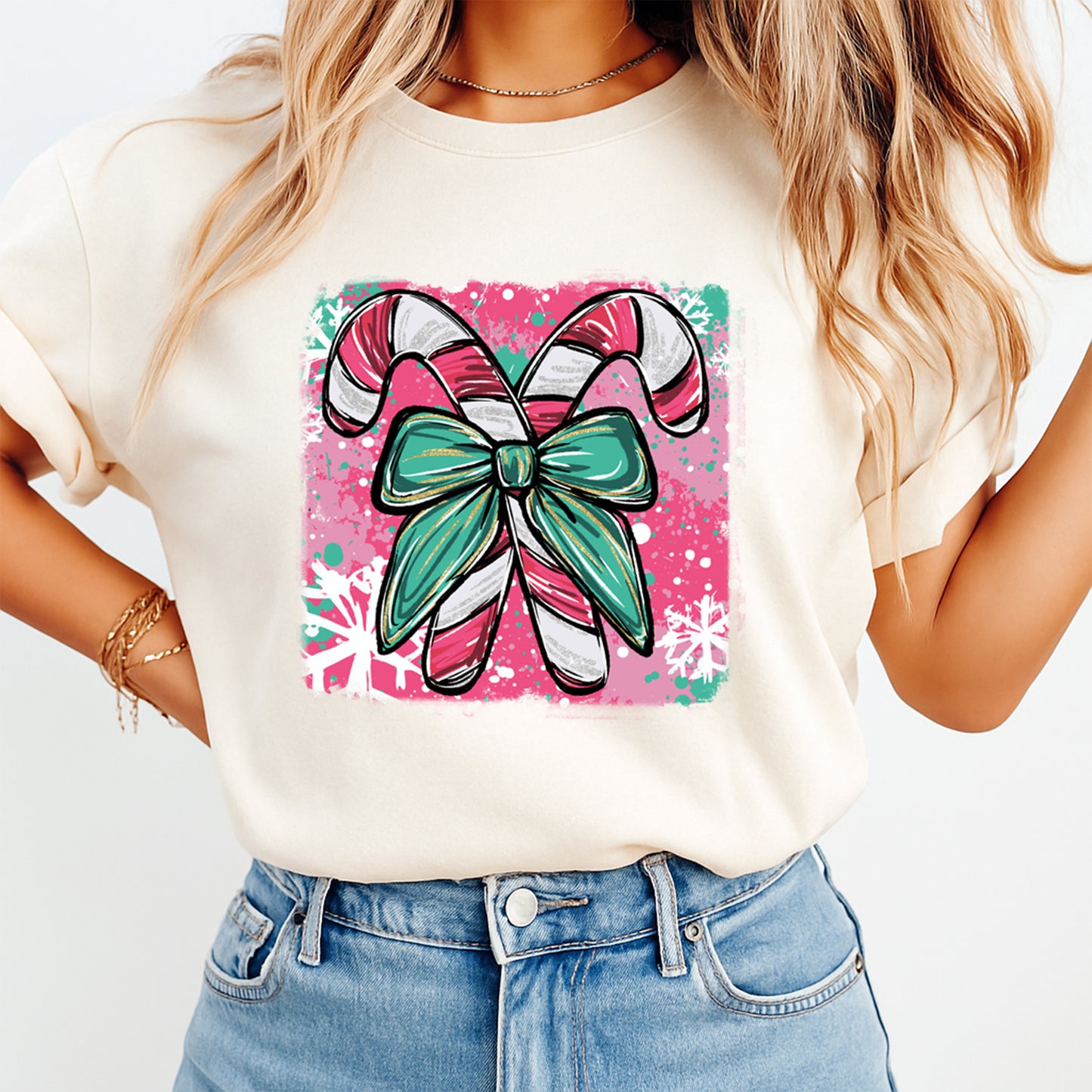 Christmas DTF Transfer – Candy Canes with Teal Bow Ready to Press Iron On Heat Transfer for DIY Shirts 11697