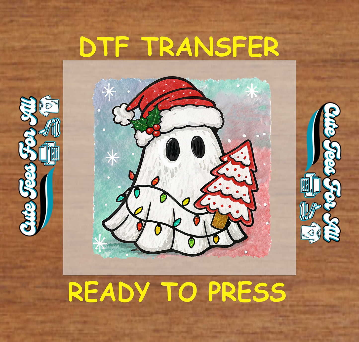 ghost wearing santa hat holding christmas tree wrapped in lights ready to press dtf iron on heat transfer for diy shirts