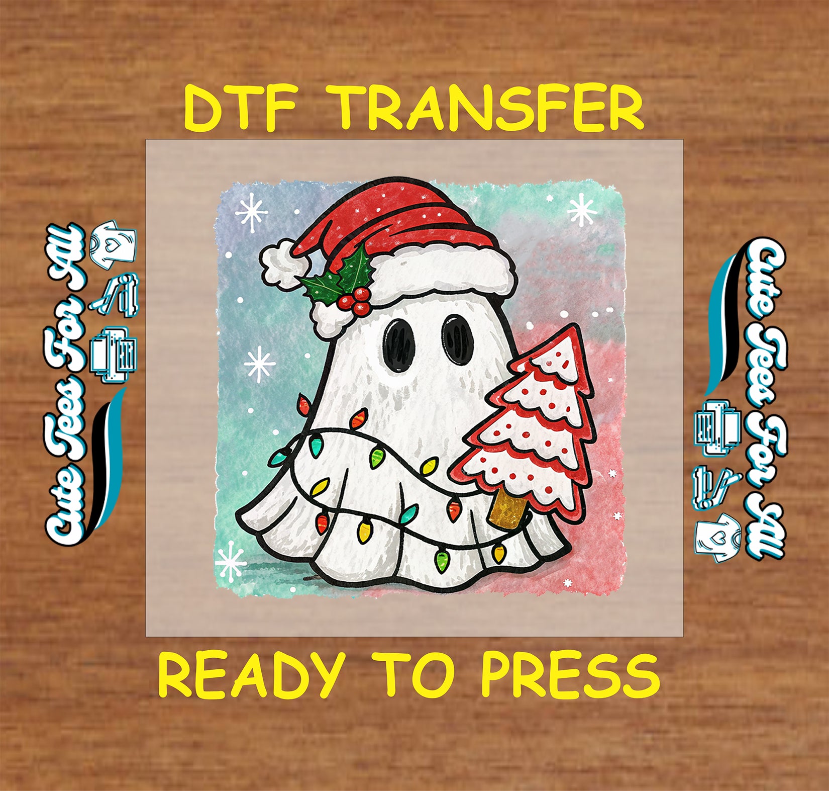 ghost wearing santa hat holding christmas tree wrapped in lights ready to press dtf iron on heat transfer for diy shirts
