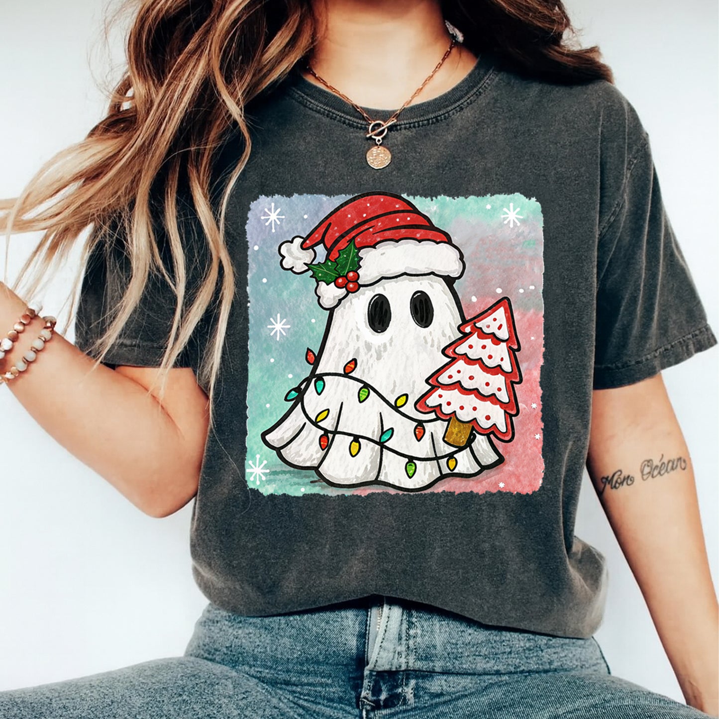 Christmas DTF Transfer – Ghost with Santa Hat and Christmas Tree Ready to Press Iron On Heat Transfer for DIY Shirts 11698