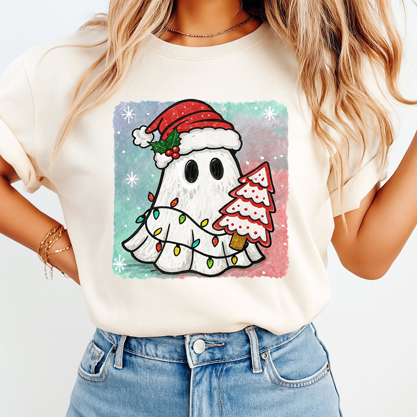 Christmas DTF Transfer – Ghost with Santa Hat and Christmas Tree Ready to Press Iron On Heat Transfer for DIY Shirts 11698