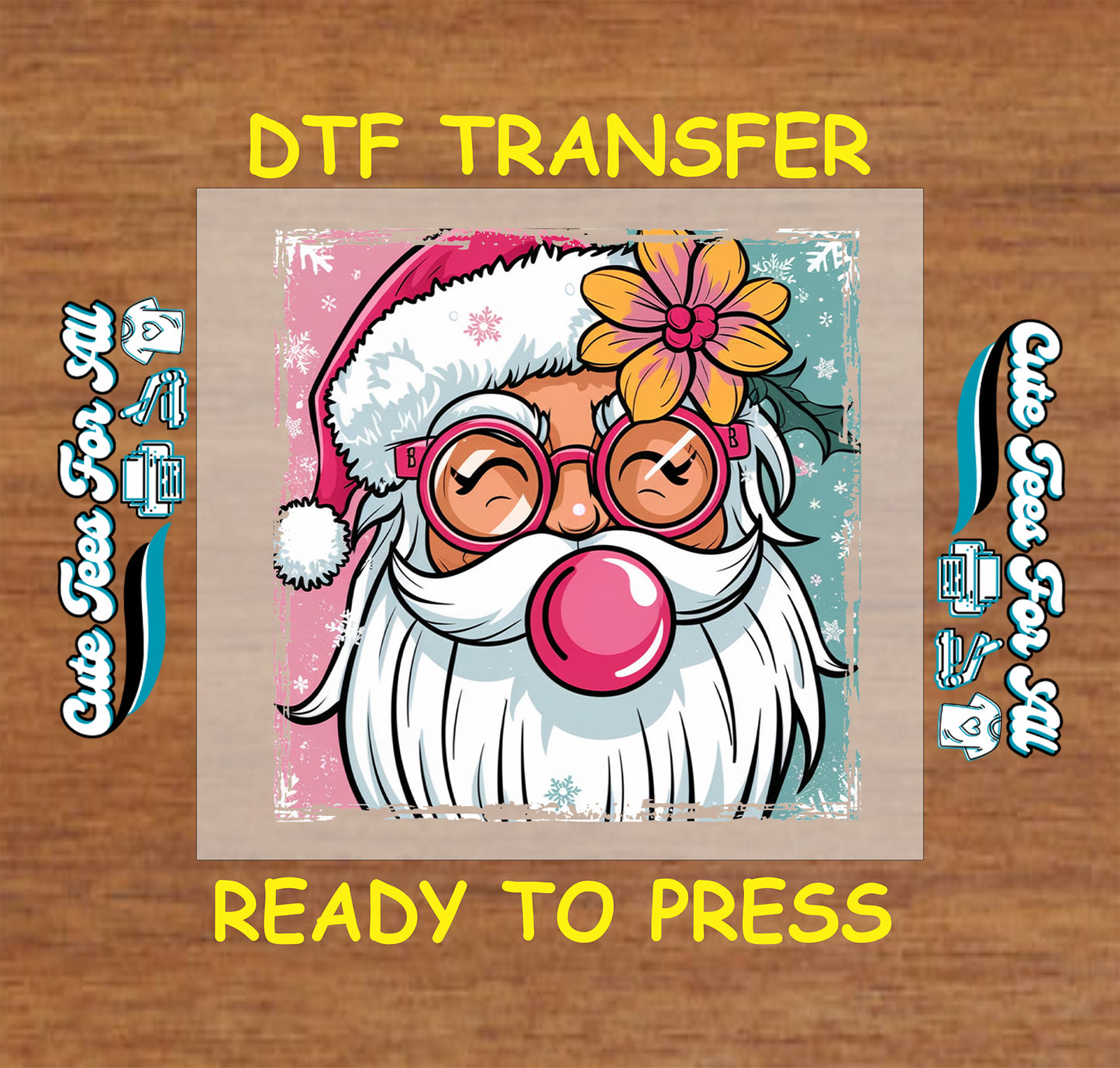 retro santa with flower glasses and bubblegum ready to press dtf iron on heat transfer for diy shirts