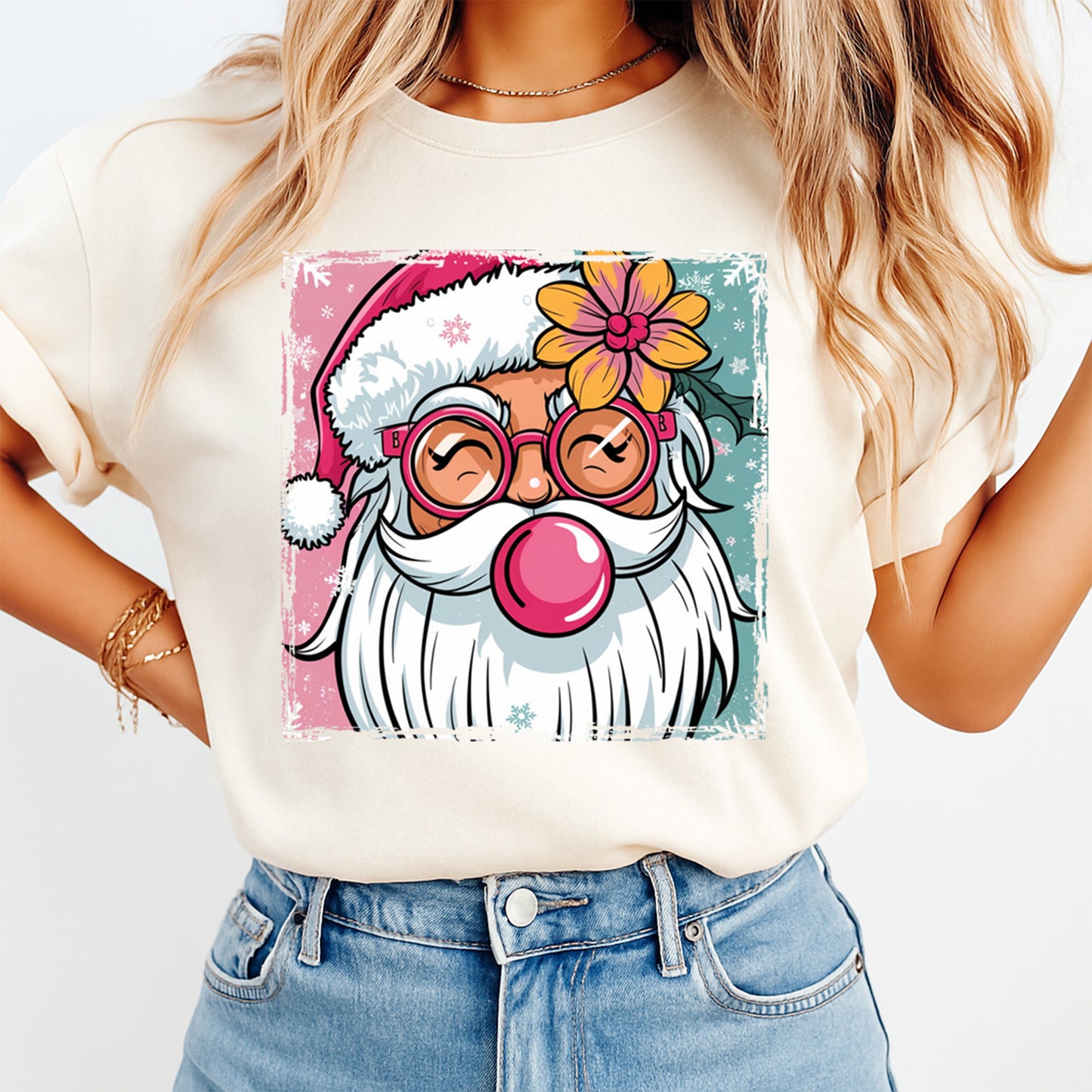 Christmas DTF Transfer – Retro Santa with Flower Glasses and Bubblegum Ready to Press Iron On Heat Transfer for DIY Shirts 11699