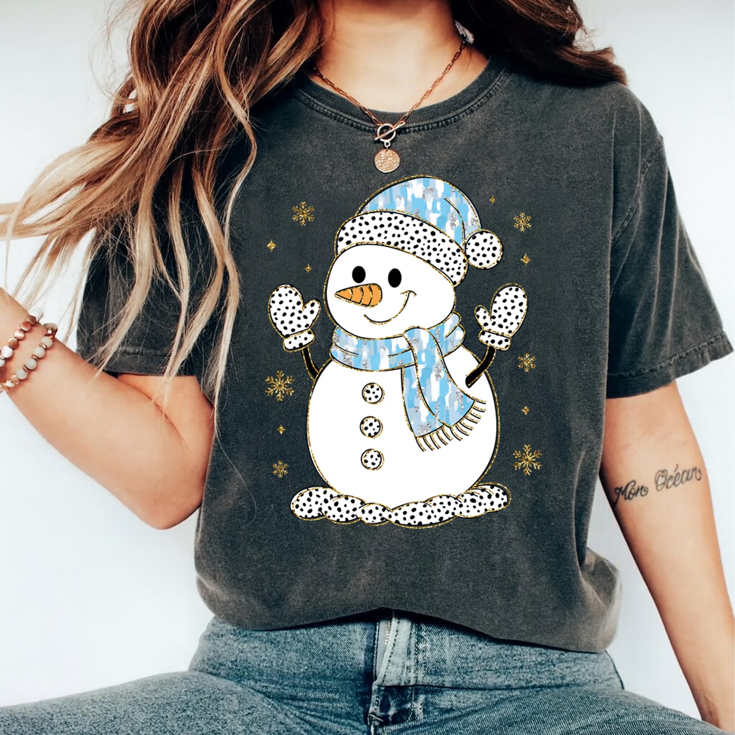 Christmas DTF Transfer – Blue Plaid Snowman with Hat and Scarf Ready to Press Iron On Heat Transfer for DIY Shirts 11700