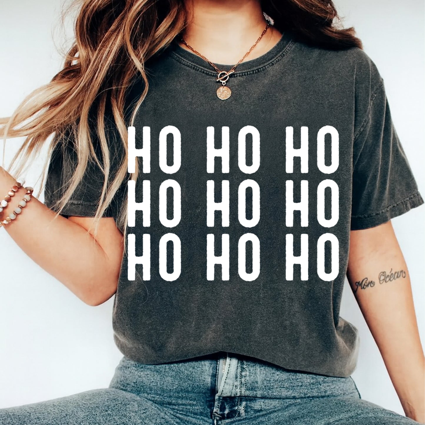 Christmas DTF Transfer – HO HO HO Repeating Text Pattern Ready to Press Iron On Heat Transfer for DIY Shirts 11701