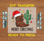 Christmas DTF Transfer – Western Cowboy Boot and Cactus Merry Christmas Ready to Press Iron On Heat Transfer for DIY Shirts 11707
