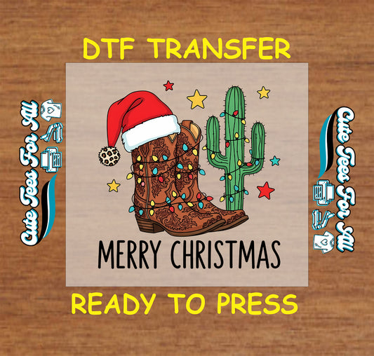 western cowboy boot and cactus merry christmas dtf transfer ready to press iron on heat transfer for diy shirts