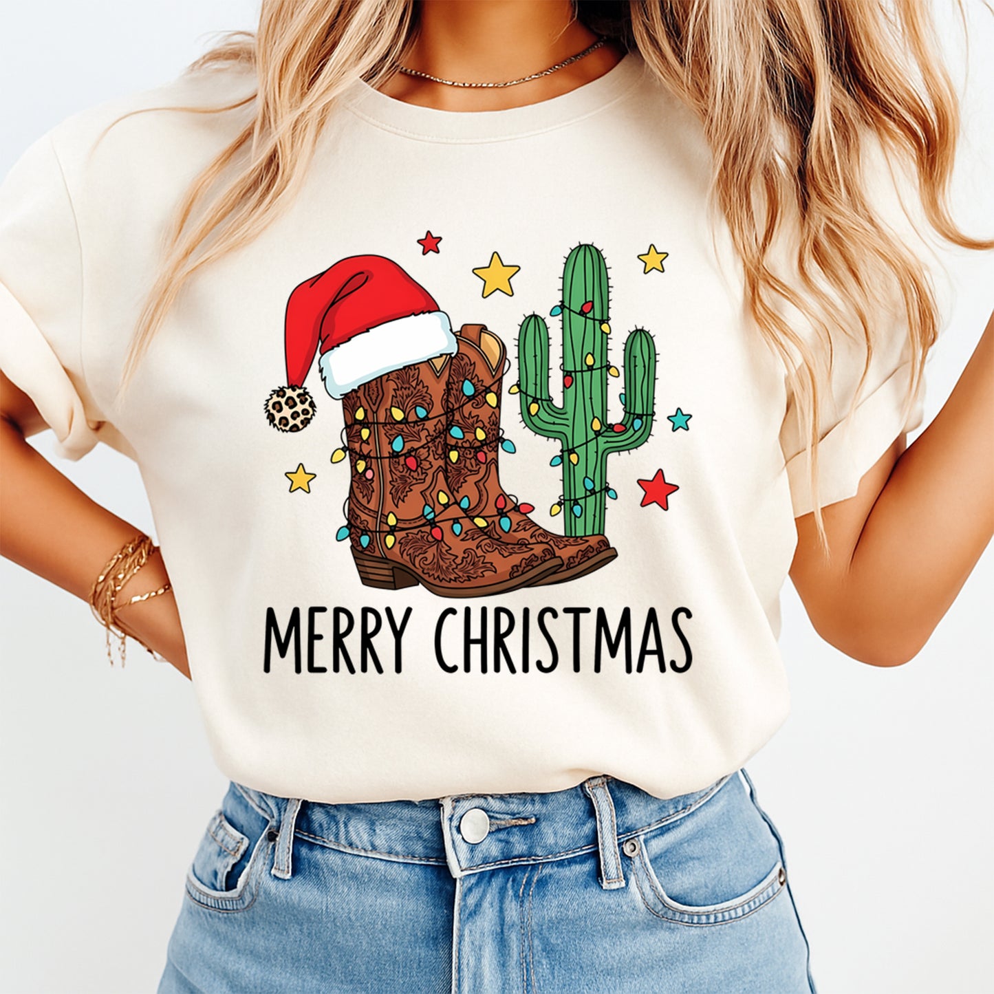 Christmas DTF Transfer – Western Cowboy Boot and Cactus Merry Christmas Ready to Press Iron On Heat Transfer for DIY Shirts 11707