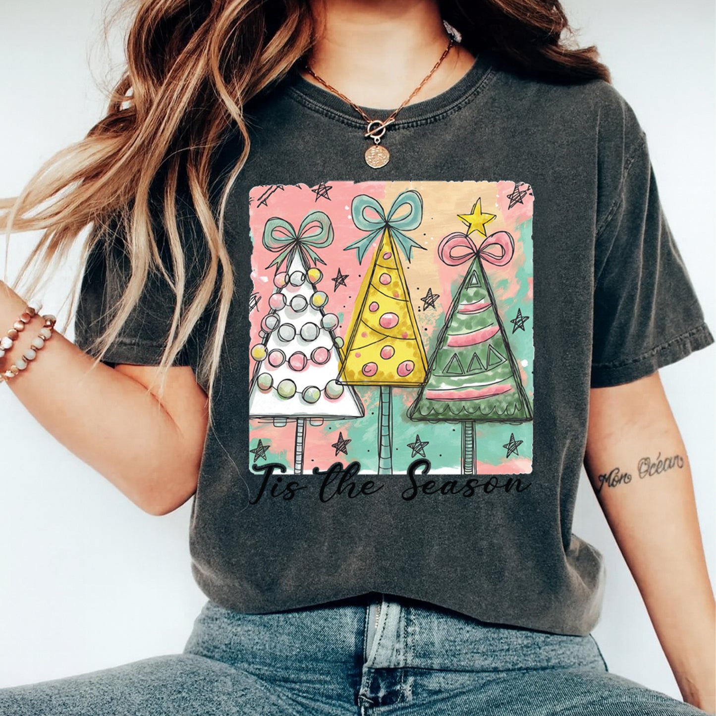 Christmas DTF Transfer – Tis the Season Trio of Christmas Trees Ready to Press Iron On Heat Transfer for DIY Shirts 11708