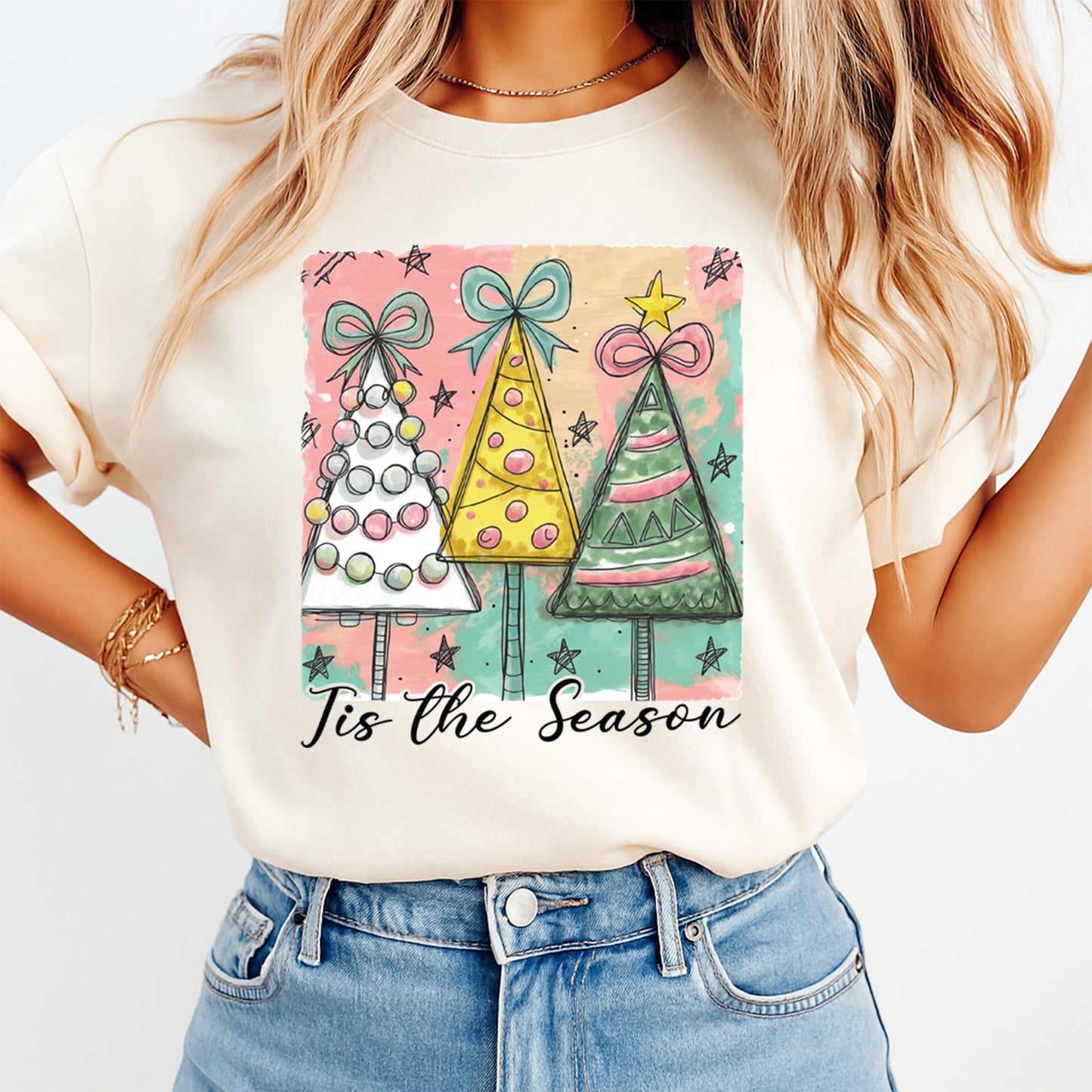 Christmas DTF Transfer – Tis the Season Trio of Christmas Trees Ready to Press Iron On Heat Transfer for DIY Shirts 11708