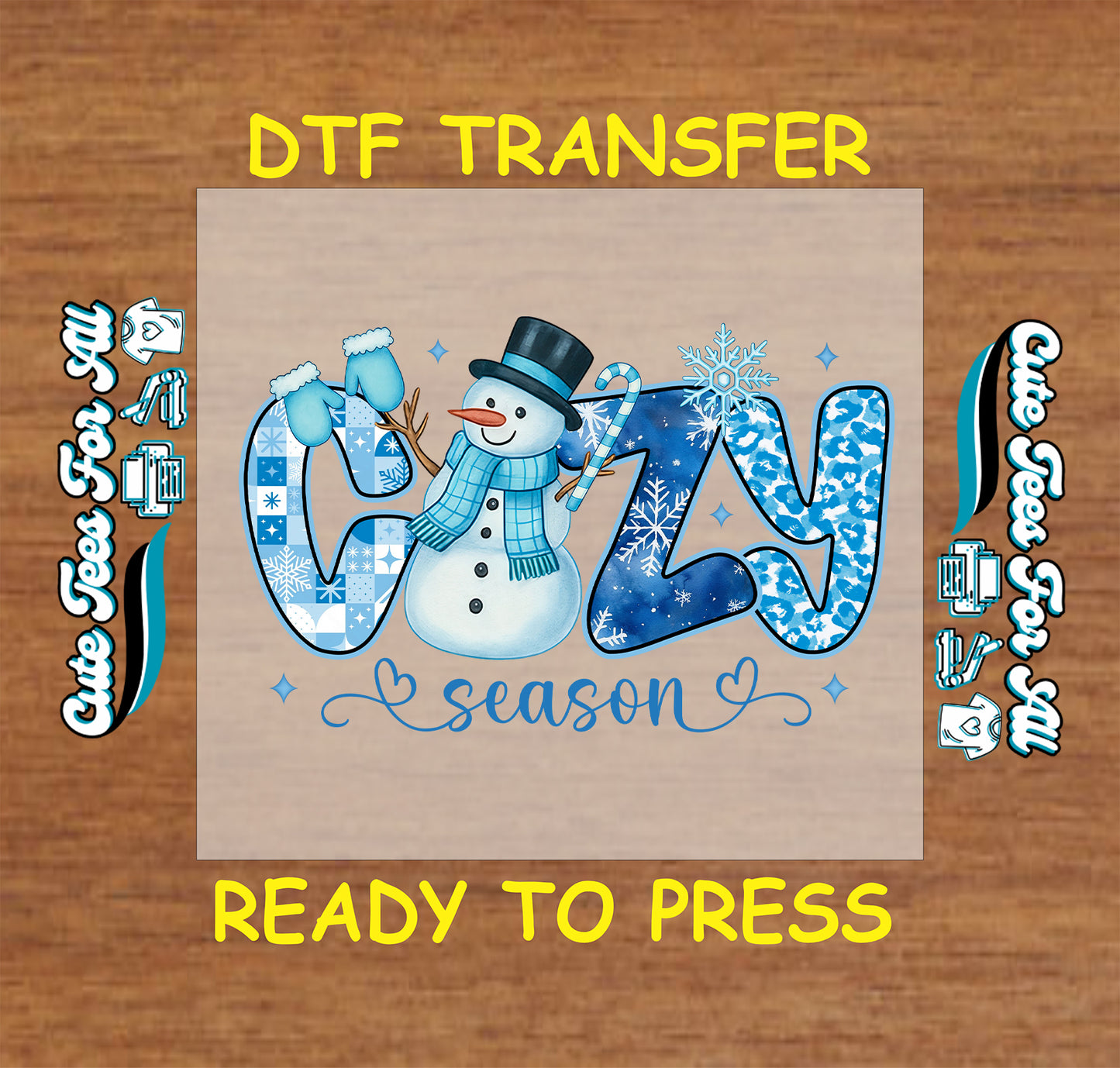 cozy season snowman dtf transfer with blue mittens ready to press iron on heat transfer for diy shirts