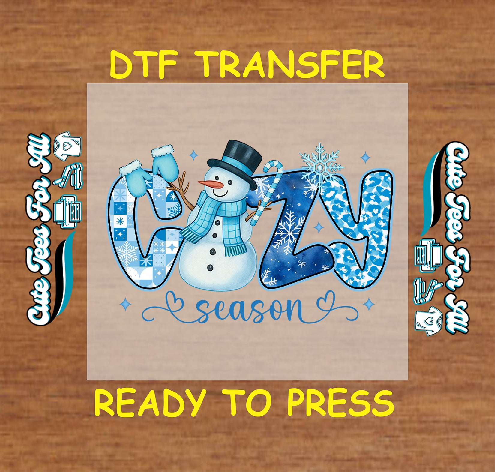 cozy season snowman dtf transfer with blue mittens ready to press iron on heat transfer for diy shirts