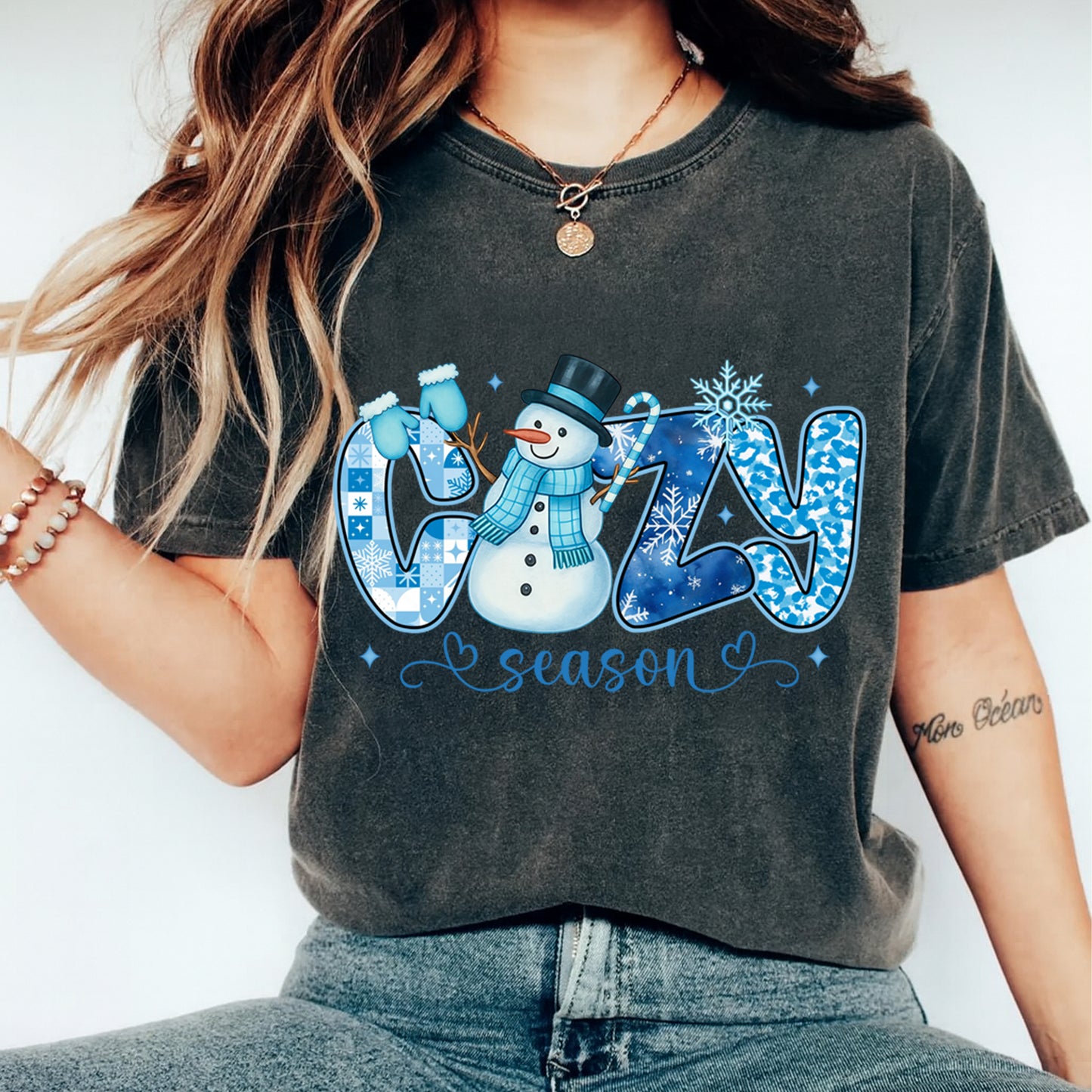Christmas DTF Transfer – Cozy Season Snowman with Mittens Ready to Press Iron On Heat Transfer for DIY Shirts 11709