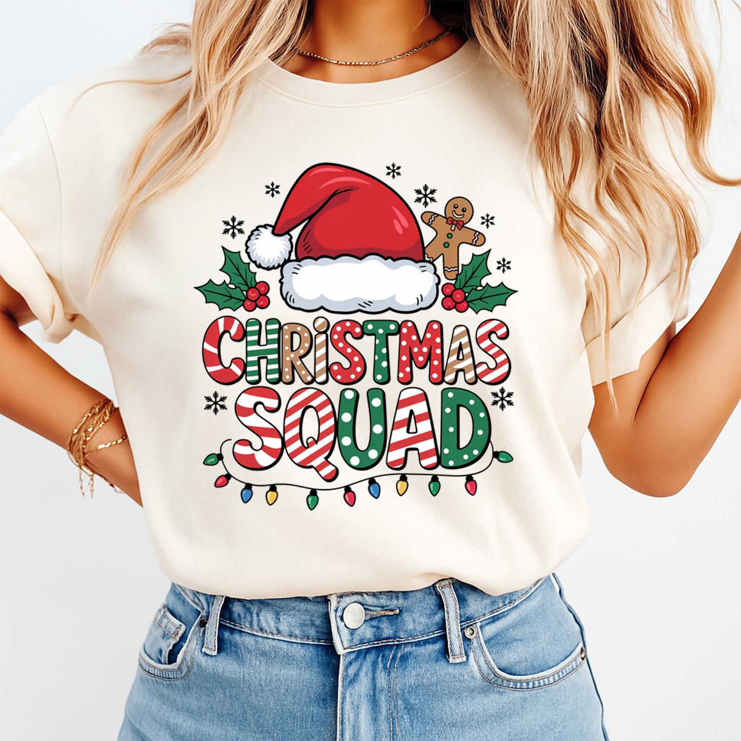 Christmas DTF Transfer – Christmas Squad Santa Hat Holly Lights Ready to Press Iron On Heat Transfer for DIY Shirts 11710