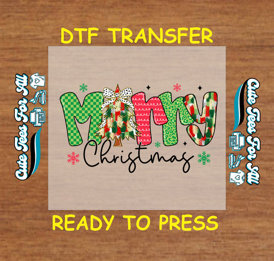 merry christmas dtf transfer with plaid and leopard letters and christmas tree bow ready to press iron on heat transfer for diy shirts