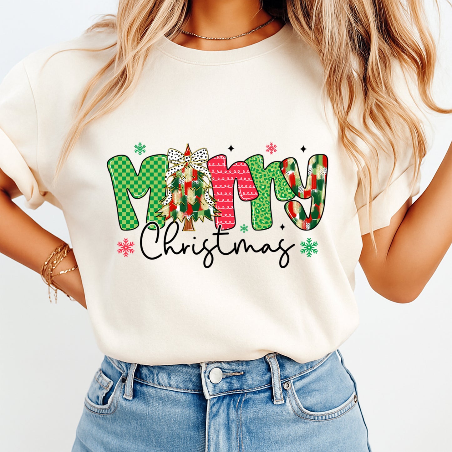 Christmas DTF Transfer – Merry Christmas Tree Bow Plaid and Leopard Print Ready to Press Iron On Heat Transfer for DIY Shirts 11714