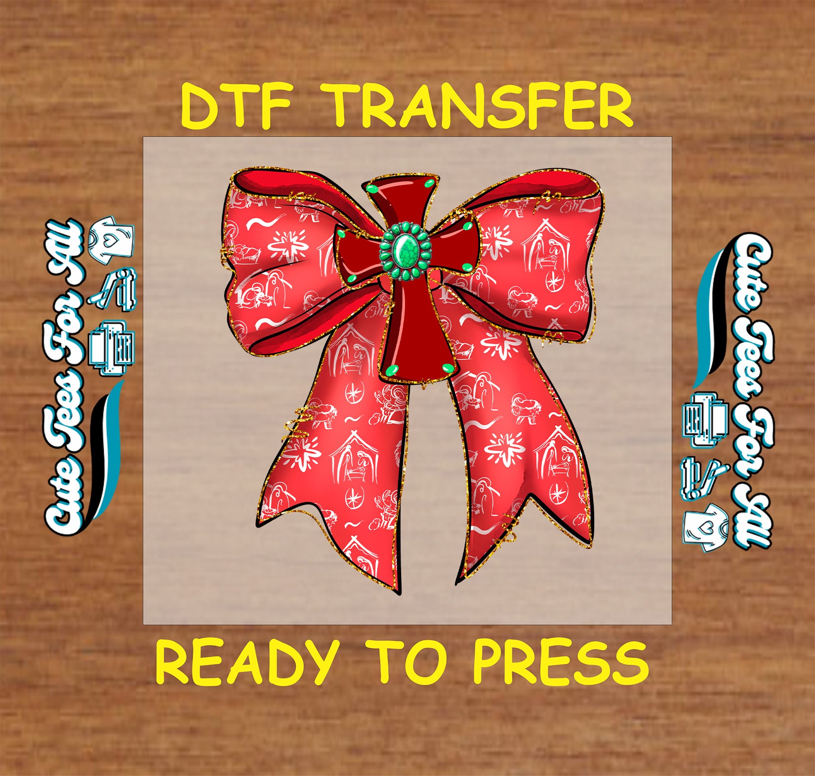 western red christmas bow dtf transfer with turquoise gem ready to press iron on heat transfer for diy shirts