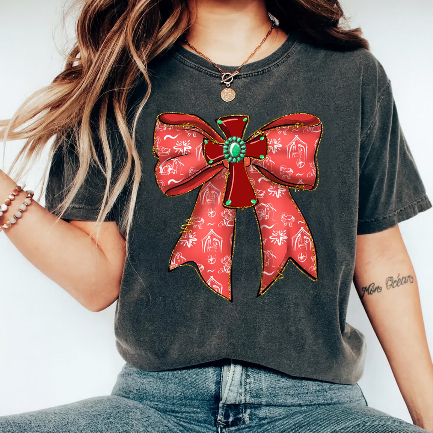 Christmas DTF Transfer – Western Red Bow with Turquoise Gem Ready to Press Iron On Heat Transfer for DIY Shirts 11715