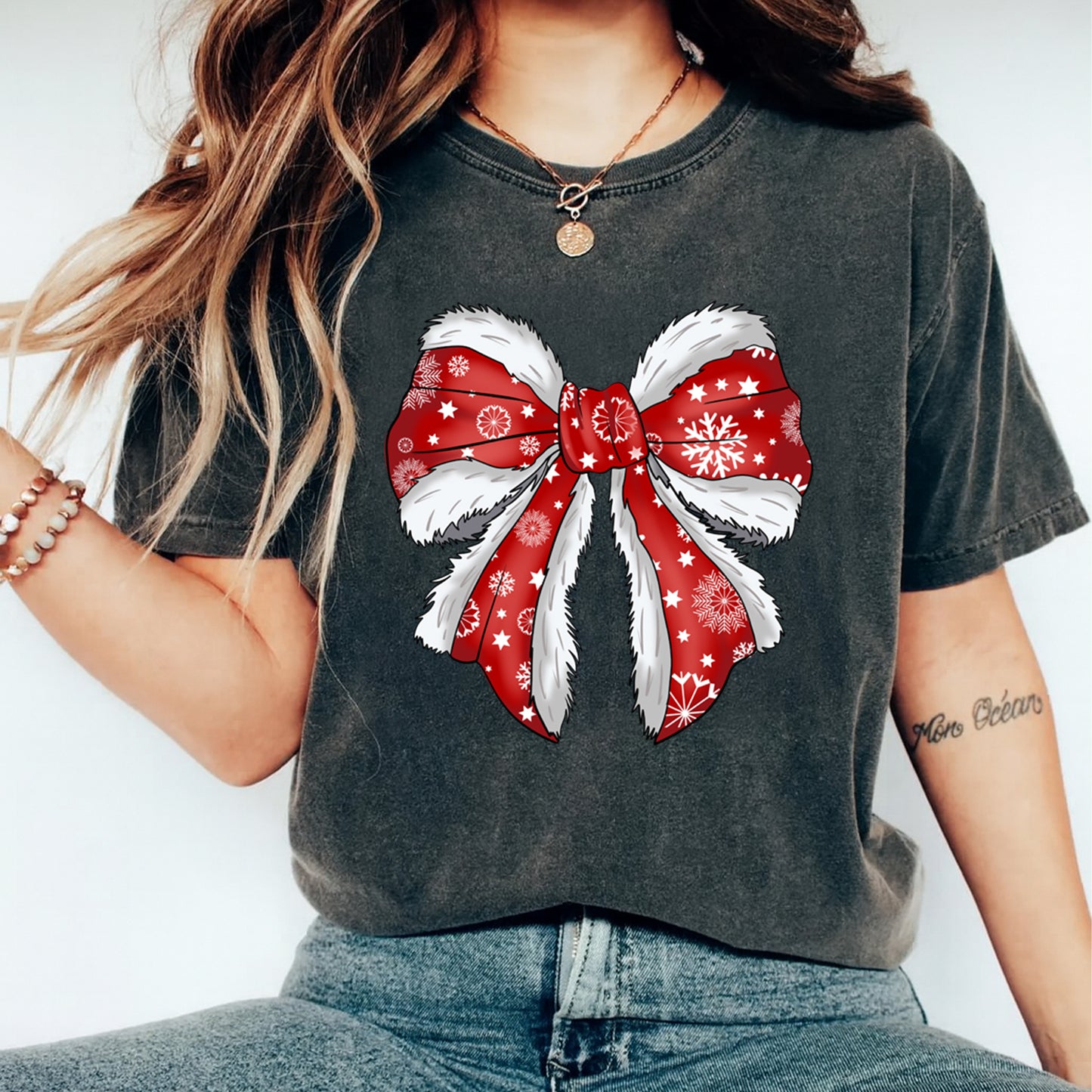 Christmas DTF Transfer – Red Snowflake Fur Trim Bow Ready to Press Iron On Heat Transfer for DIY Shirts 11716