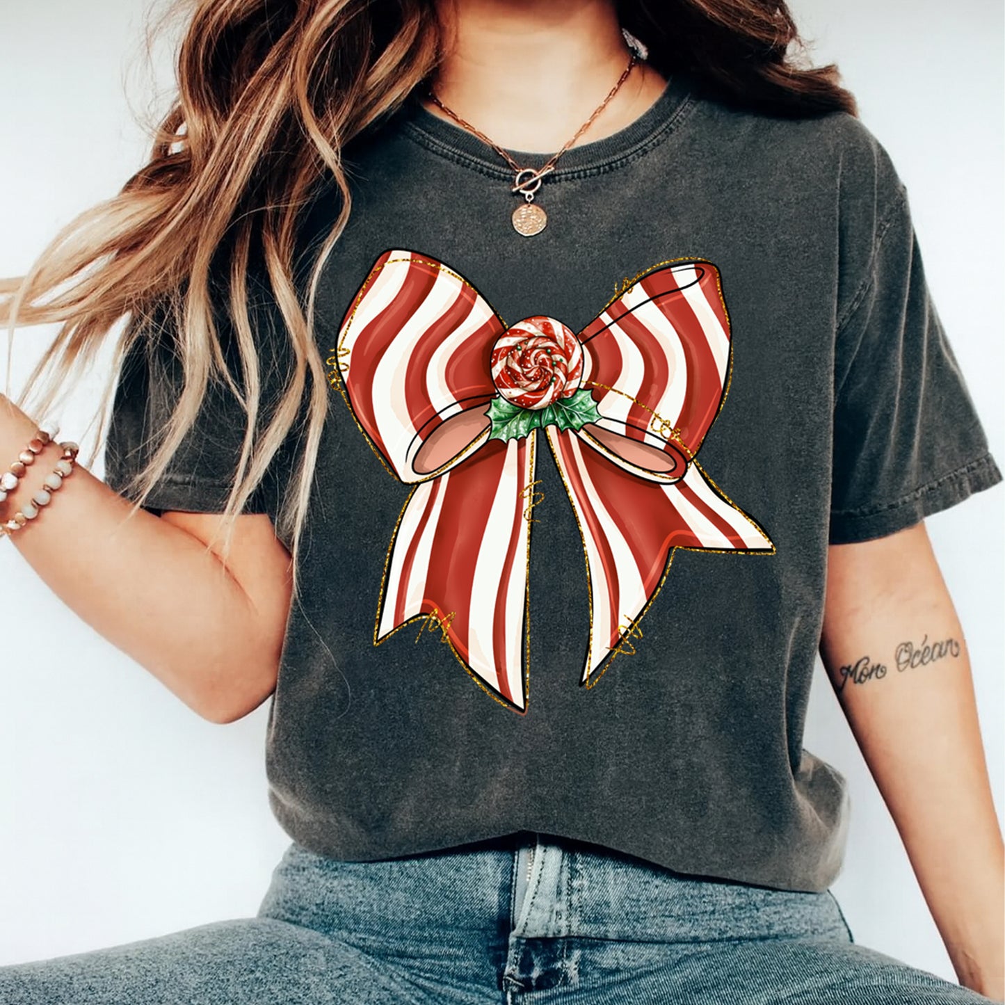 Christmas DTF Transfer – Candy Cane Stripe Red and White Bow with Peppermint Center Ready to Press Iron On Heat Transfer for DIY Shirts 11717