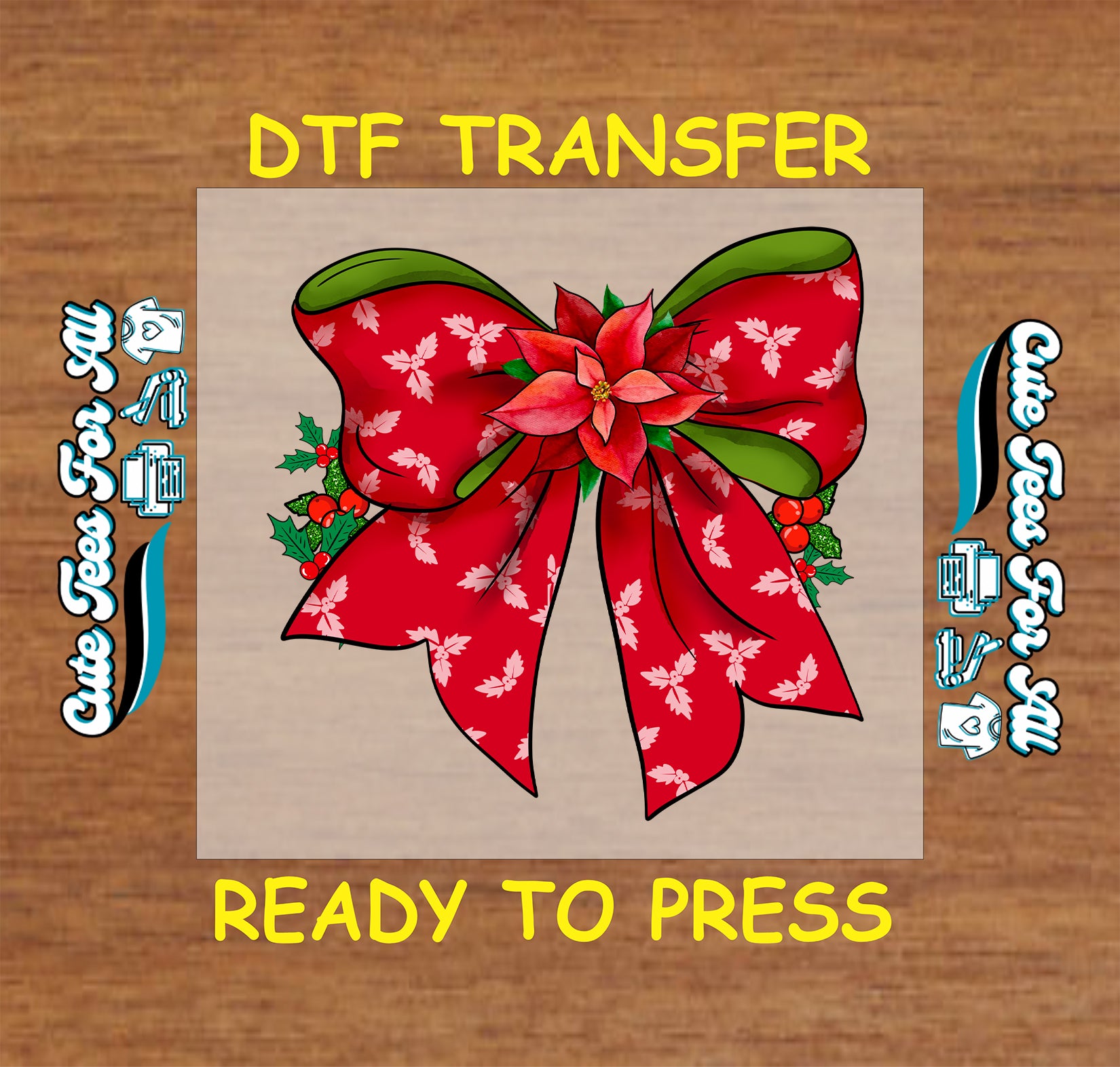 poinsettia red bow christmas dtf transfer with holly leaves ready to press iron on heat transfer for diy shirts