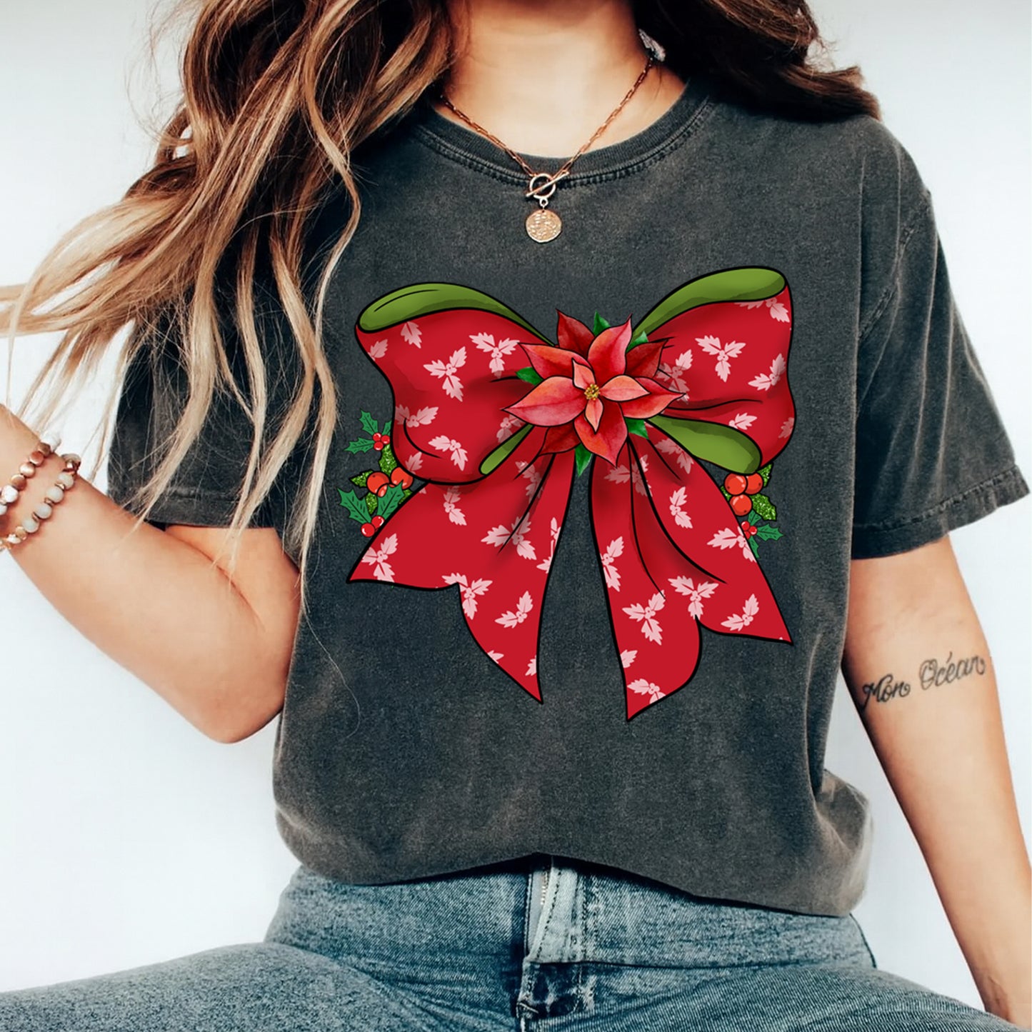Christmas DTF Transfer – Poinsettia Red Bow with Holly Leaves Ready to Press Iron On Heat Transfer for DIY Shirts 11718