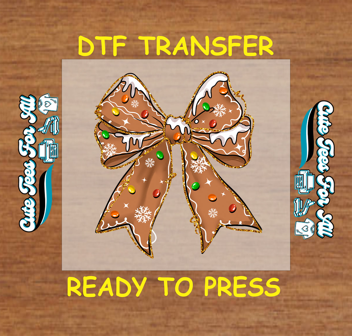 gingerbread bow dtf transfer with icing and candy lights ready to press iron on heat transfer for diy christmas shirts