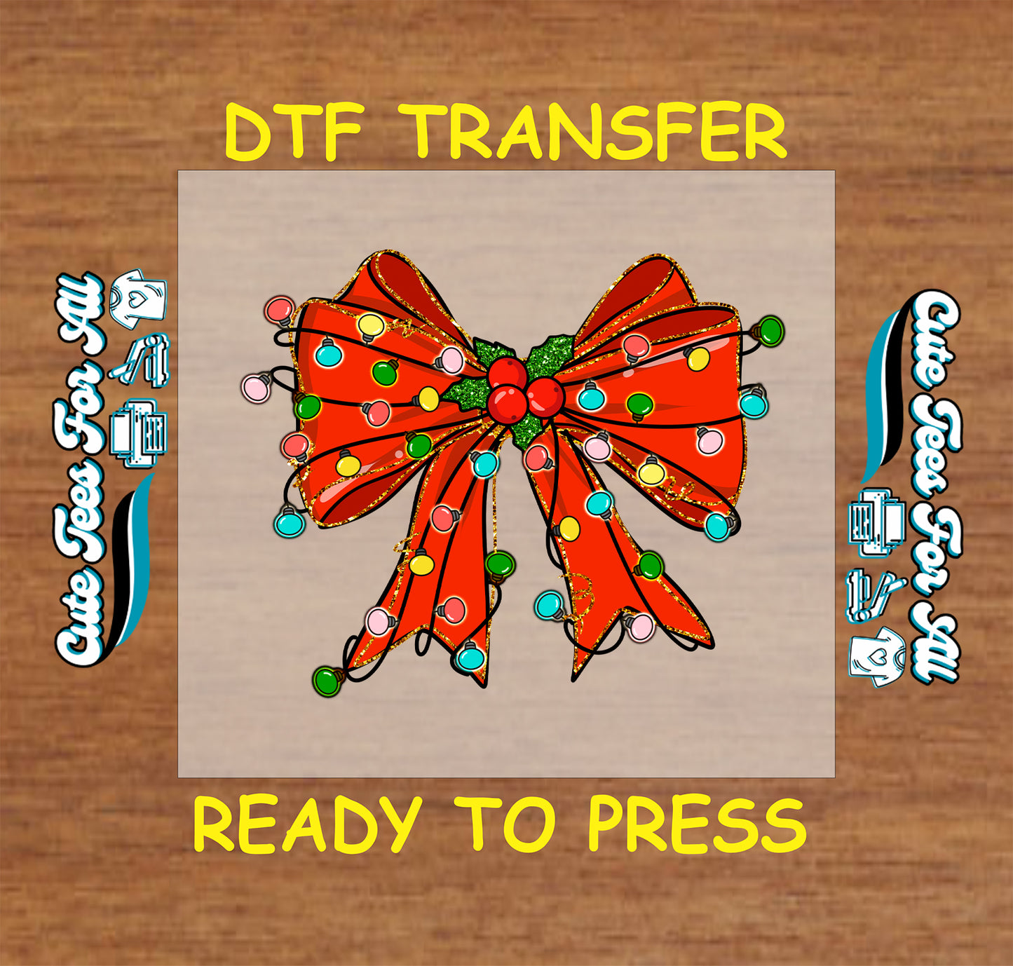 red bow with colorful christmas lights dtf transfer ready to press iron on heat transfer for diy shirts