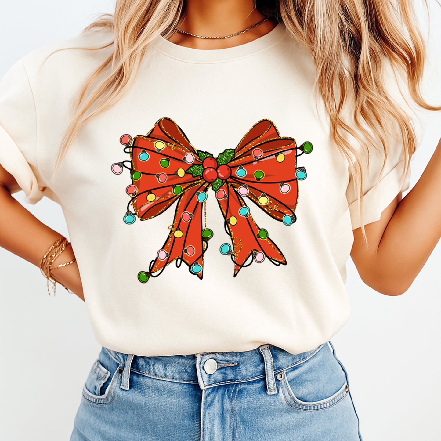 Christmas DTF Transfer – Red Bow with Multicolor Christmas Lights Ready to Press Iron On Heat Transfer for DIY Shirts 11720