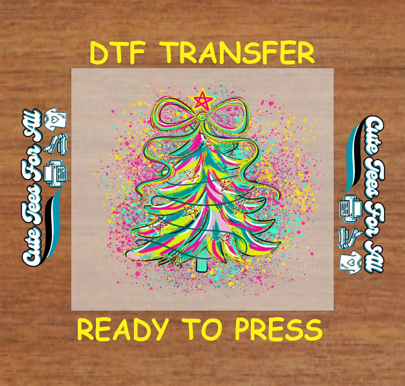 neon splatter christmas tree dtf transfer with ribbon star ready to press iron on heat transfer for diy shirts