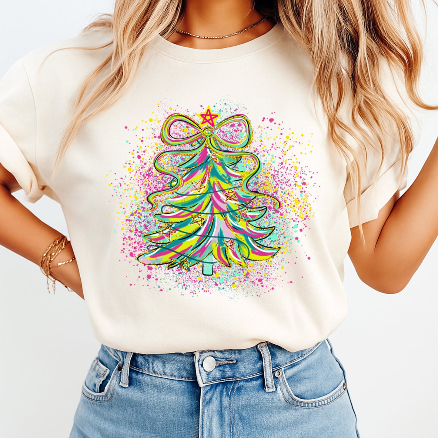 Christmas DTF Transfer – Neon Splatter Tree with Ribbon Star Ready to Press Iron On Heat Transfer for DIY Shirts 11721